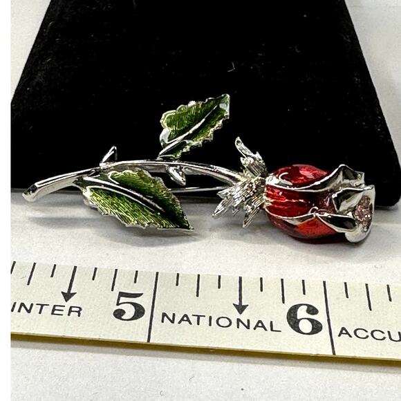 Red Green Enamel Long Stem Rose Flower Rhinestone Brooch Pin Mature Collectable - Picture 2 of 4